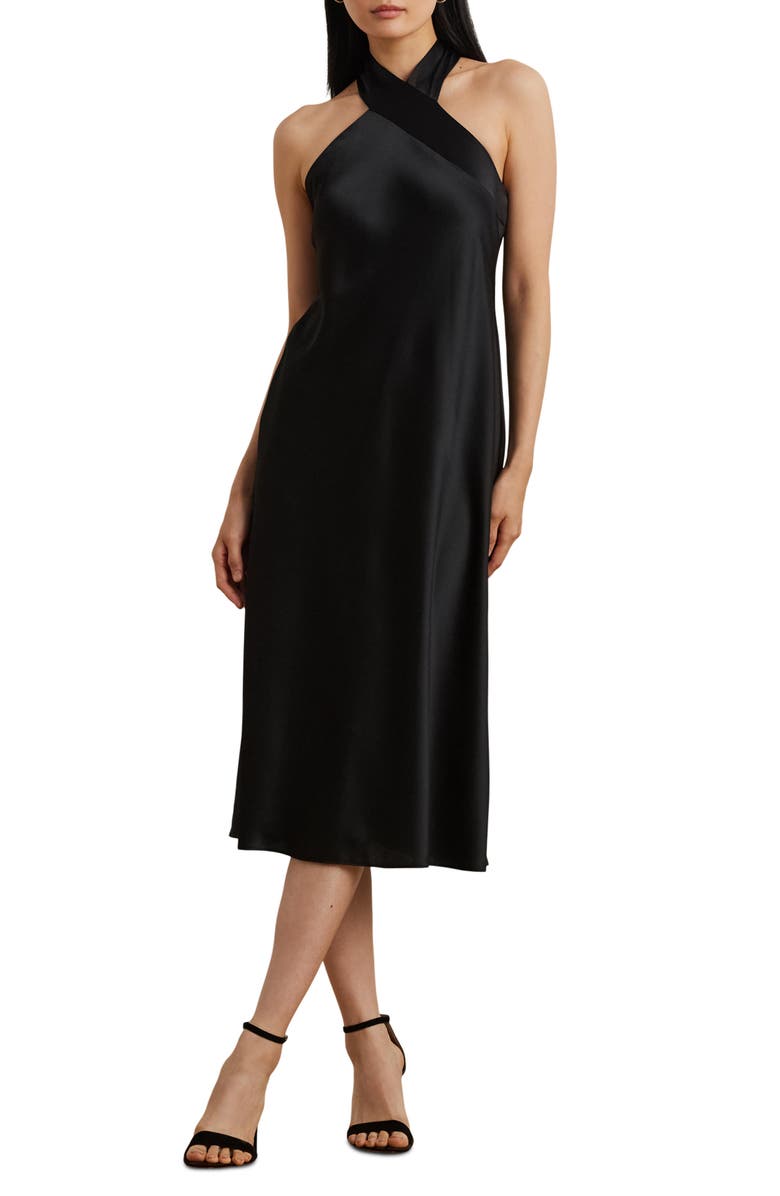 Lauren Ralph Lauren Satin Charmeuse Cocktail Halter Dress, Main, color, Black