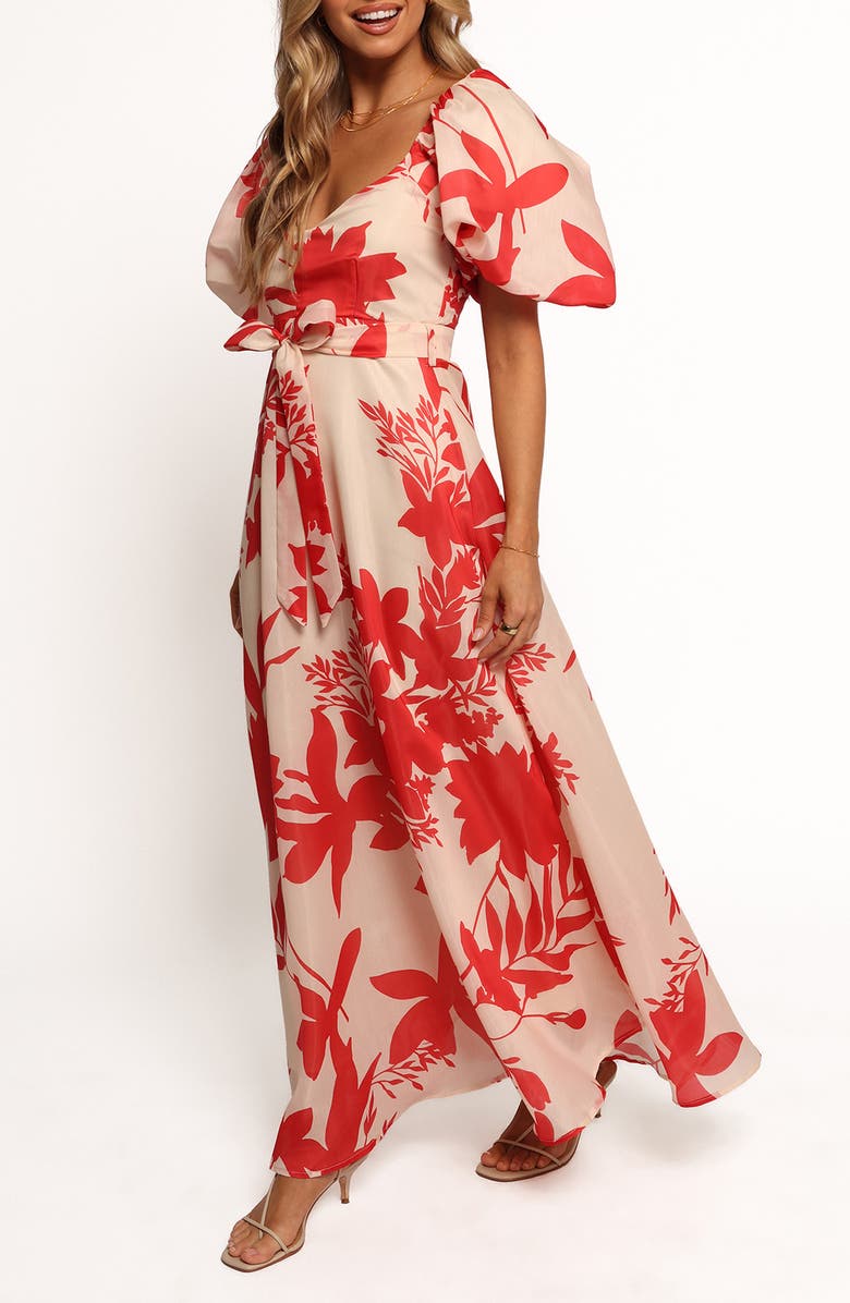 Petal & Pup Ellery Puff Sleeve Tie Waist Dress, Alternate, color, Red Floral