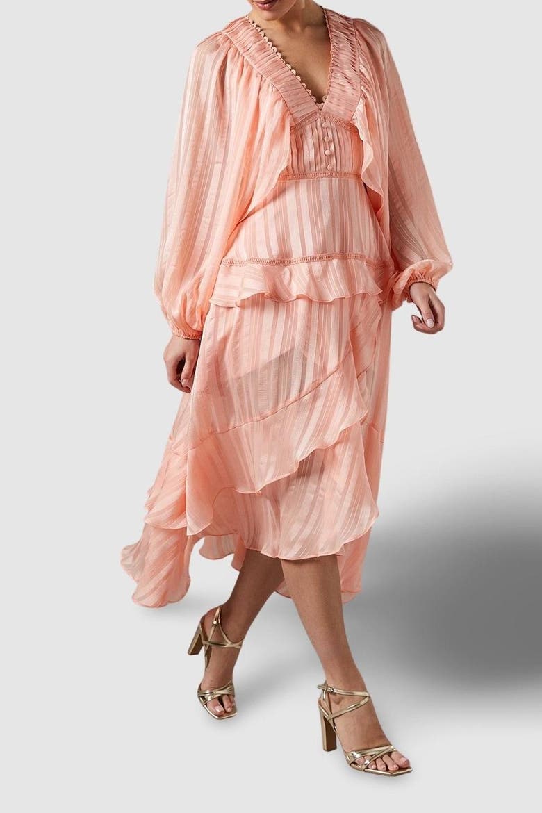 Blouson Sleeve Frill Midi Dress, Alternate, color, Apricot