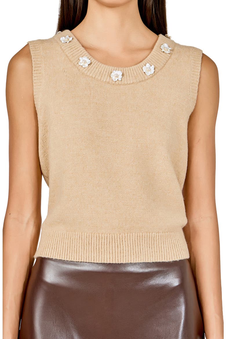 Floral Appliqué Sweater Vest, Alternate, color, TAN