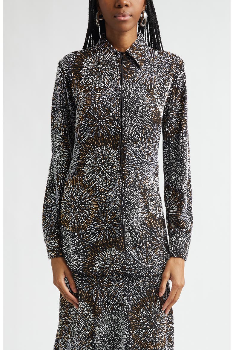 Firework Embellished Crepe Button-Up Shirt, Main, color, BLACK