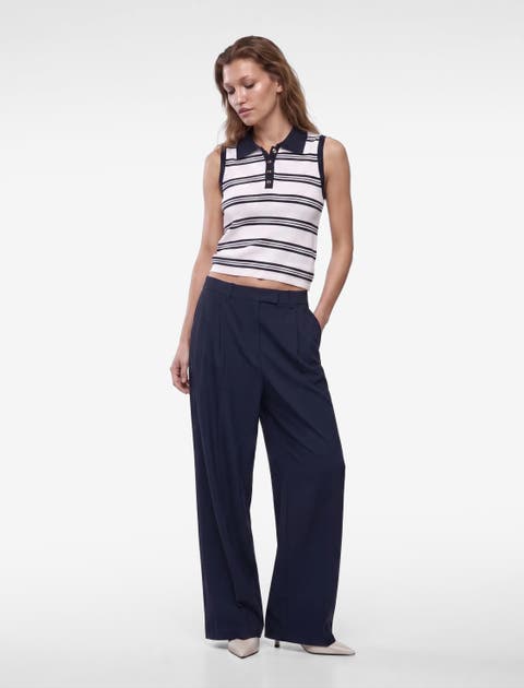 Striped Polo Neck Sleeveless Knit Top
