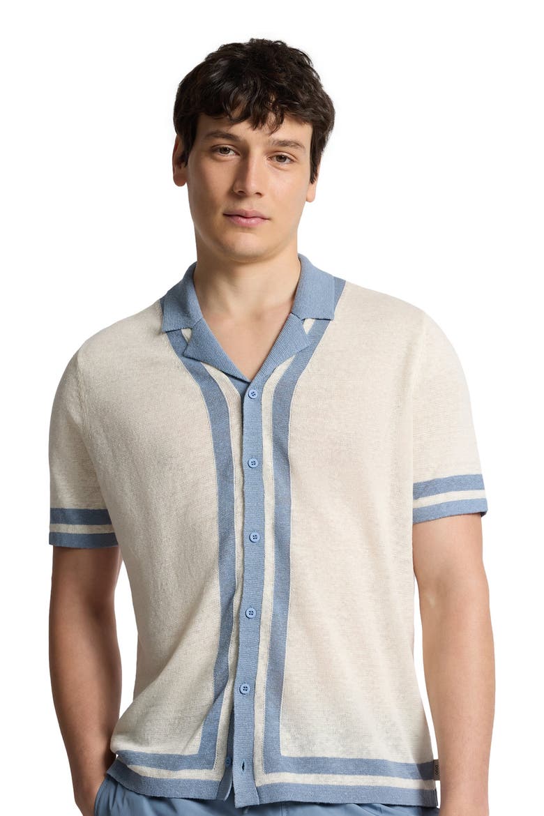 Linen Knit Camp Short Sleeve Shirt, Alternate, color, Egret/Marine