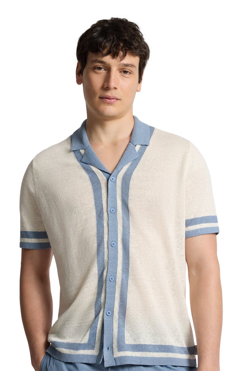 Onia Linen Knit Camp Short Sleeve Shirt, Alternate, color, Egret/Marine