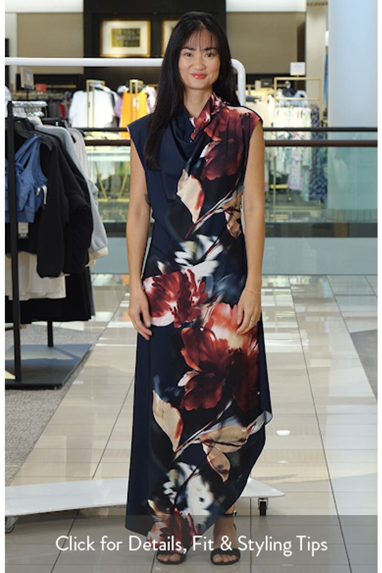 Print Asymmetric Cap Sleeve Cowl Neck Dress video