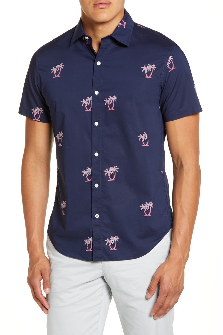Slim Fit Short Sleeve Button-Up Shirt, Main, color, NEON PALMS - PINK ORCHID