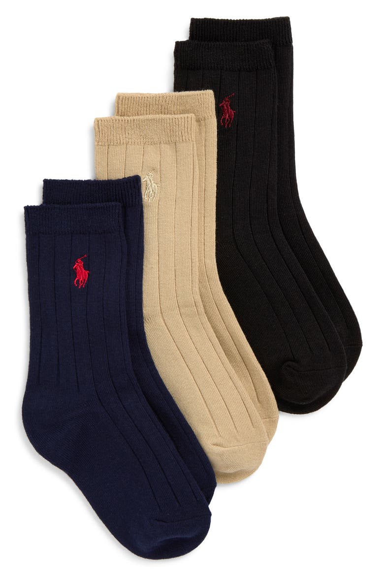 Kids' Assorted 3-Pack Wide Rib Cotton Blend Socks, Main, color, TAN