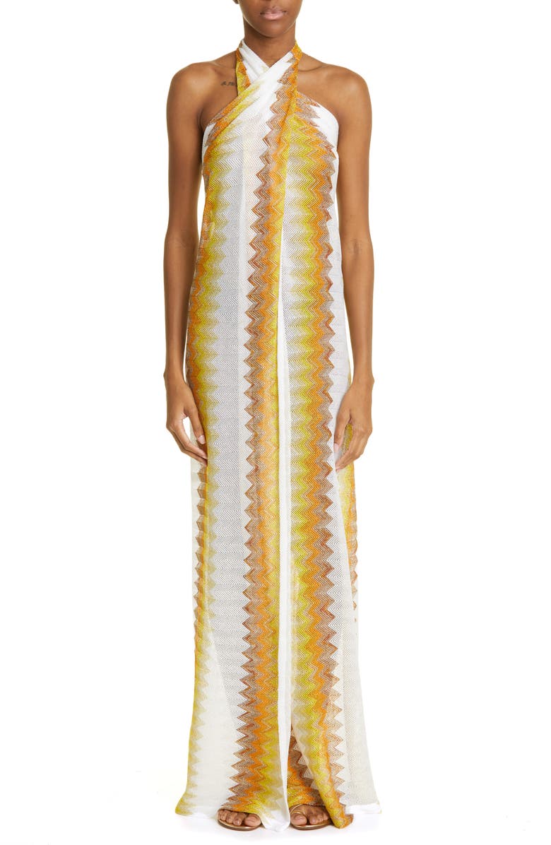 Missoni Zigzag Shimmer Knit Halter Cover-Up Maxi Dress, Alternate, color,