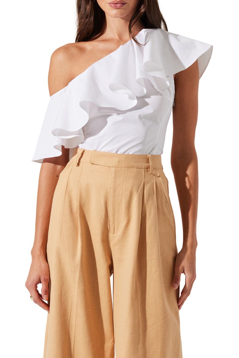 Felixia Ruffle Detail One-Shoulder Cotton Top, Main, color, WHITE