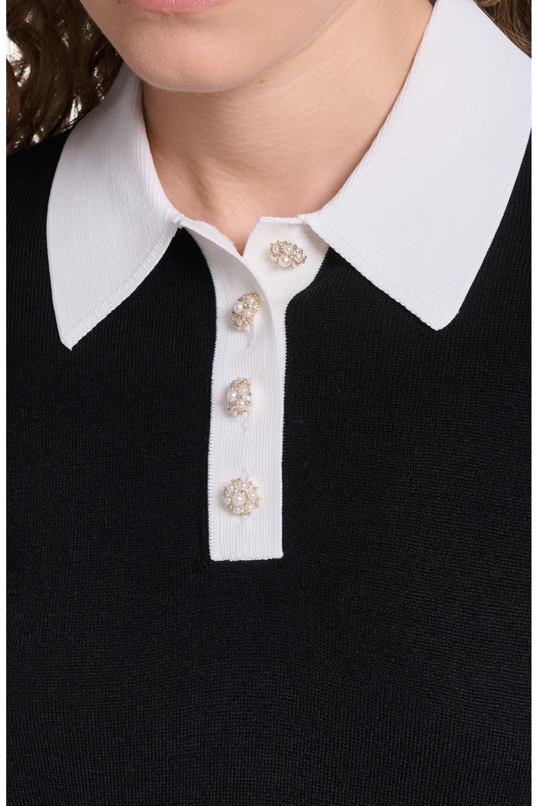 Johnny Collar Short Sleeve Sweater, Alternate, color, BLACK/ SOFT WHITE