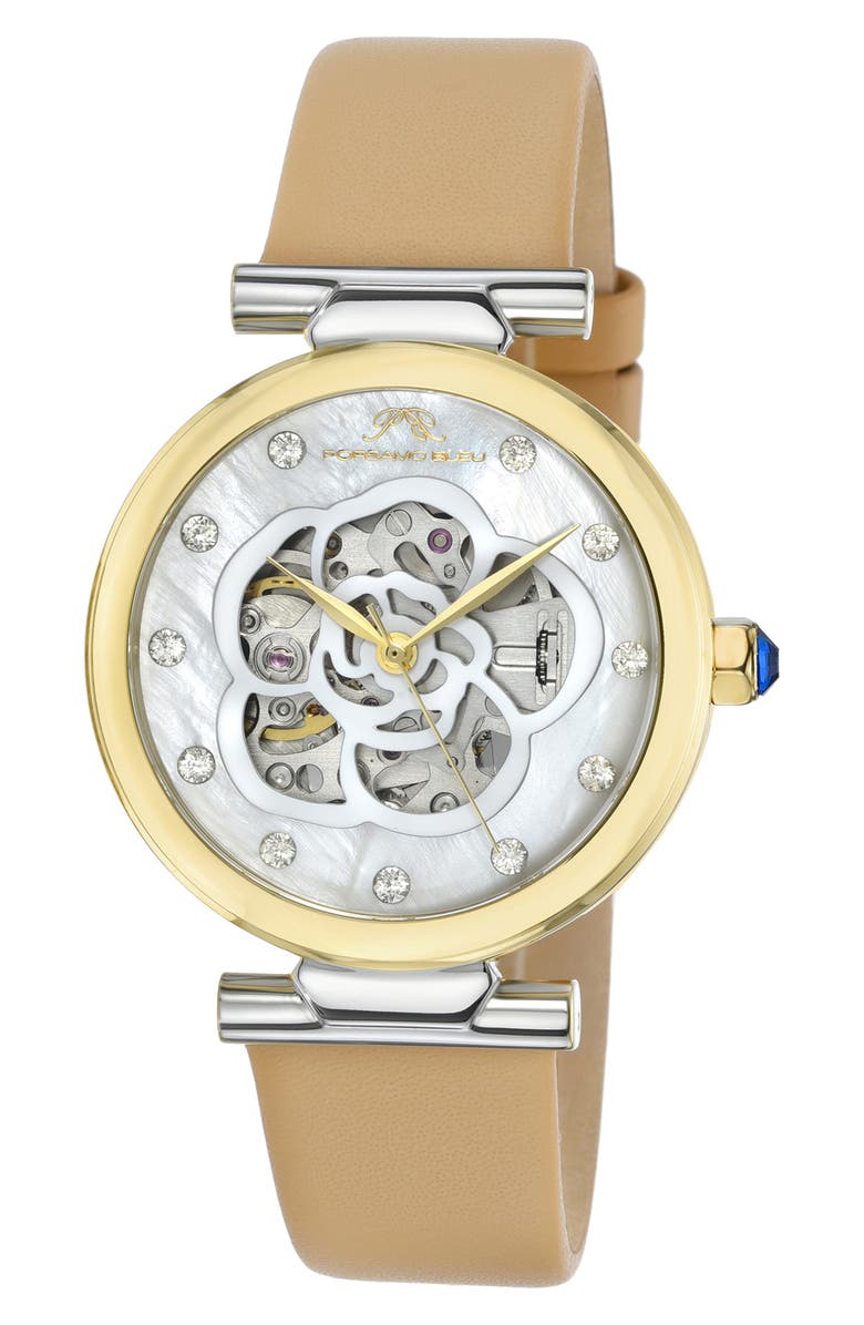 PORSAMO BLEU Laura White Topaz Automatic Leather Strap Watch, 36mm, Main, color, Beige Multi