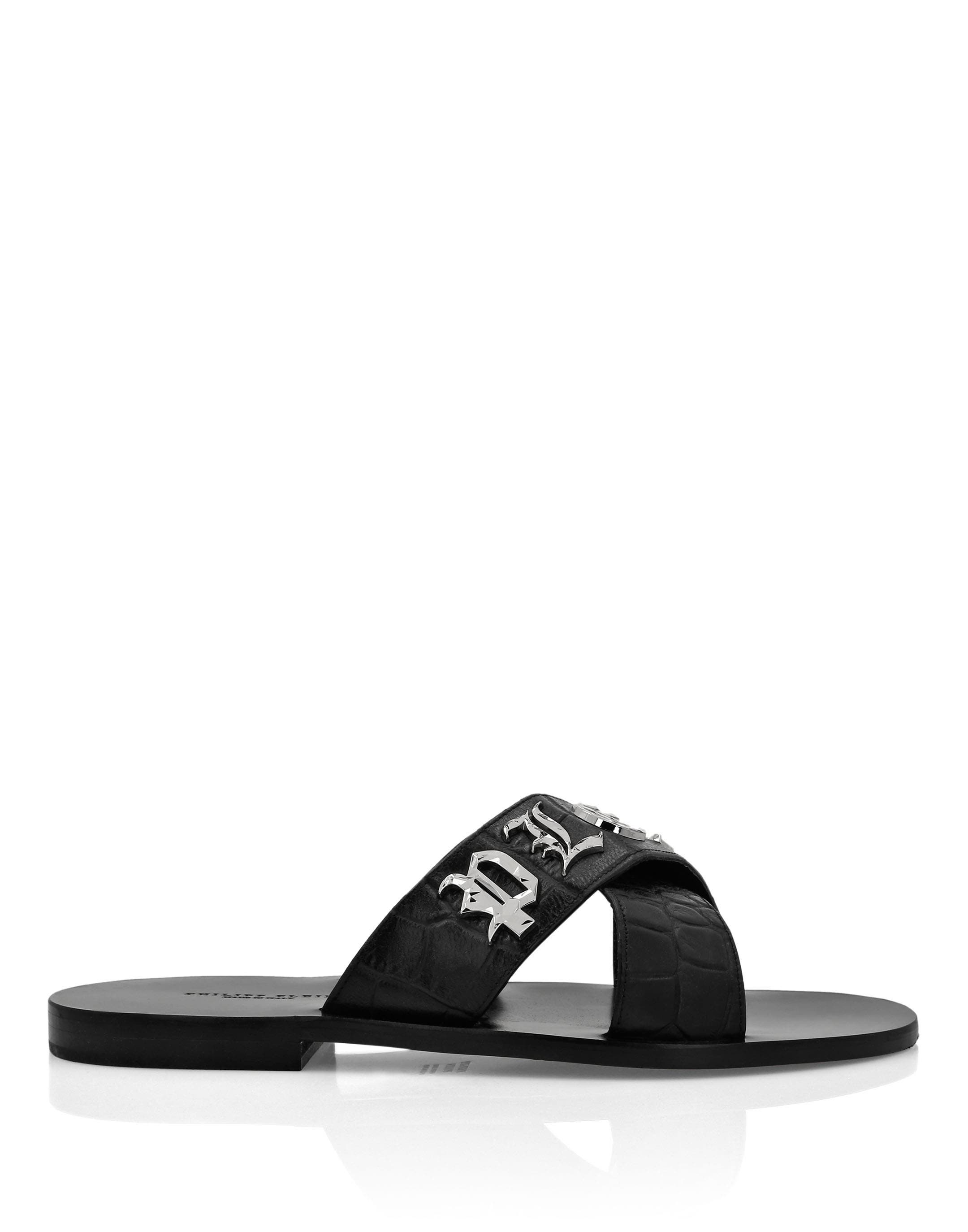 Flat Crocco Printed Sandals Men, Alternate, color, black/nickel