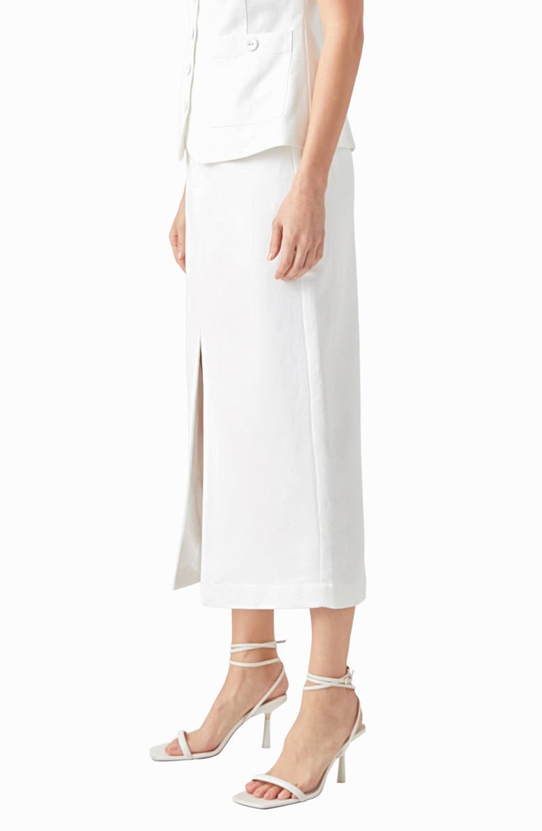 Endless Rose Front Slit Linen Blend Midi Skirt, Alternate, color, White