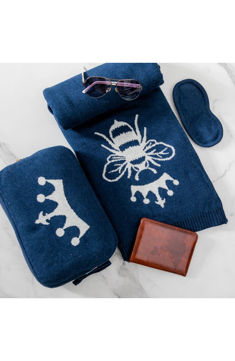 Pink Lemonade Queen Bee Organic Cotton Travel Blanket and Eye Mask Set, Main, color, Navy