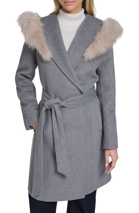 Slick Wool Blend Coat with Faux Fur Trim Hood