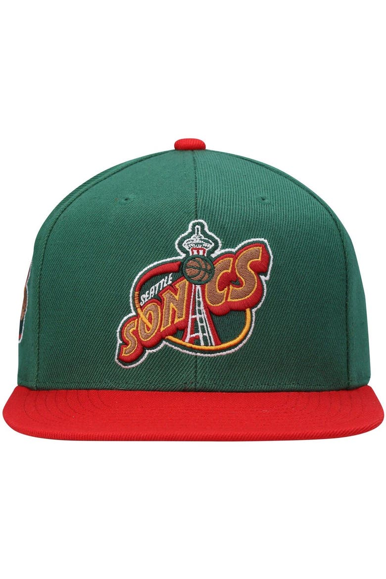 Men's Mitchell & Ness Green/Red Seattle SuperSonics Hardwood Classics Snapback Hat, Alternate, color, Green