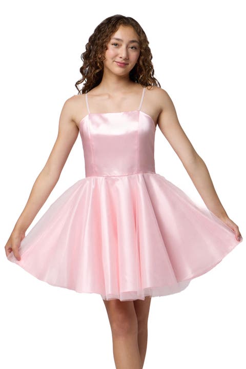 Satin and Tulle Party Dress in Longer Length (Big Kid)