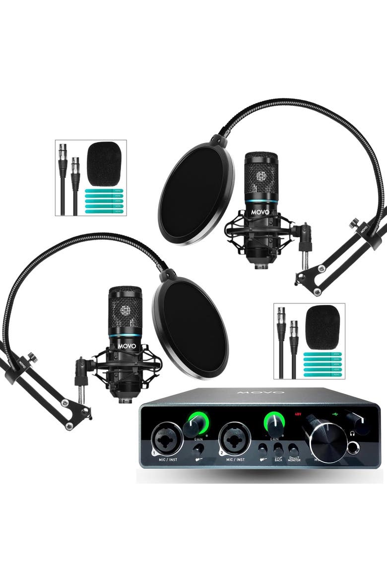 PodKit2A Podcast Bundle for 2 - Includes Microphones, Boom Arms, Pop Filters, and Audio Interface, Main, color, Black