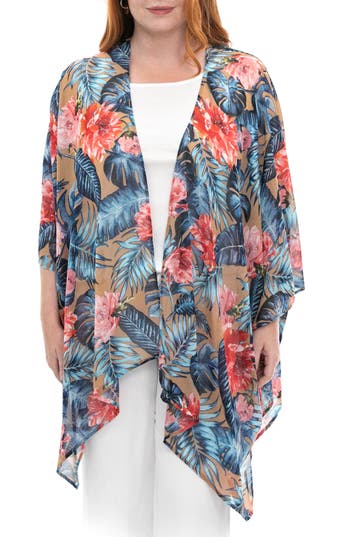Shop Nina Leonard Semi Sheer Open Front Topper In Tan Multi