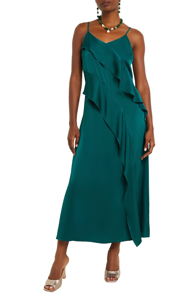 Misook Ruffle Charmeuse Slipdress, Main, color, Spruce