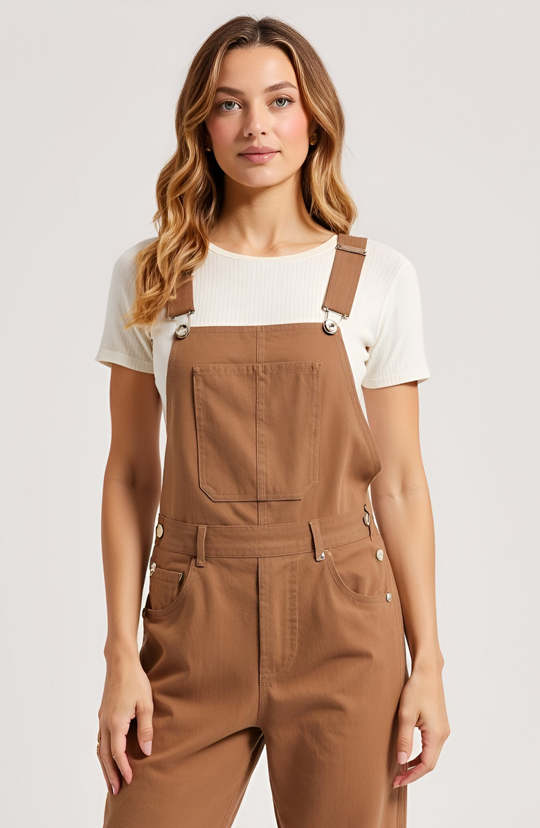 Modenaire Wide-Leg Adjustable-Strap Front Bib Pocket Overalls, Alternate, color, Brown