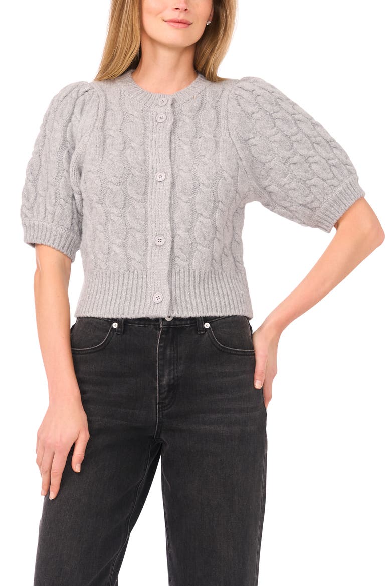 Puff Sleeve Cable Cardigan, Main, color, LIGHT HEATHER GREY