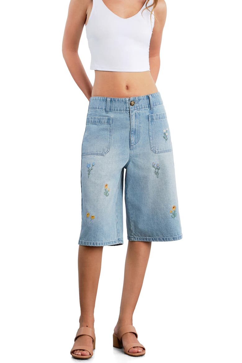 Wildflower Embroidered Denim Shorts, Alternate, color, WASHED BLUE