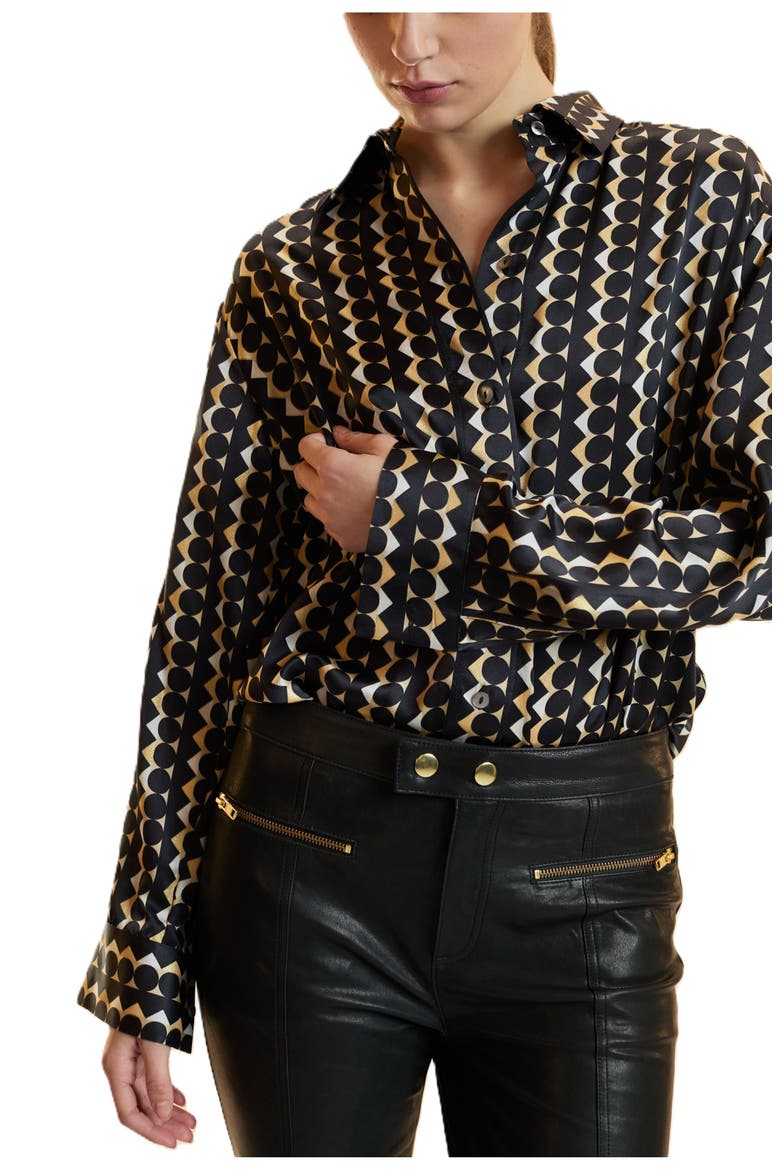 Foil Silk Button Up Shirt, Alternate, color, Geo Black/Camel Combo