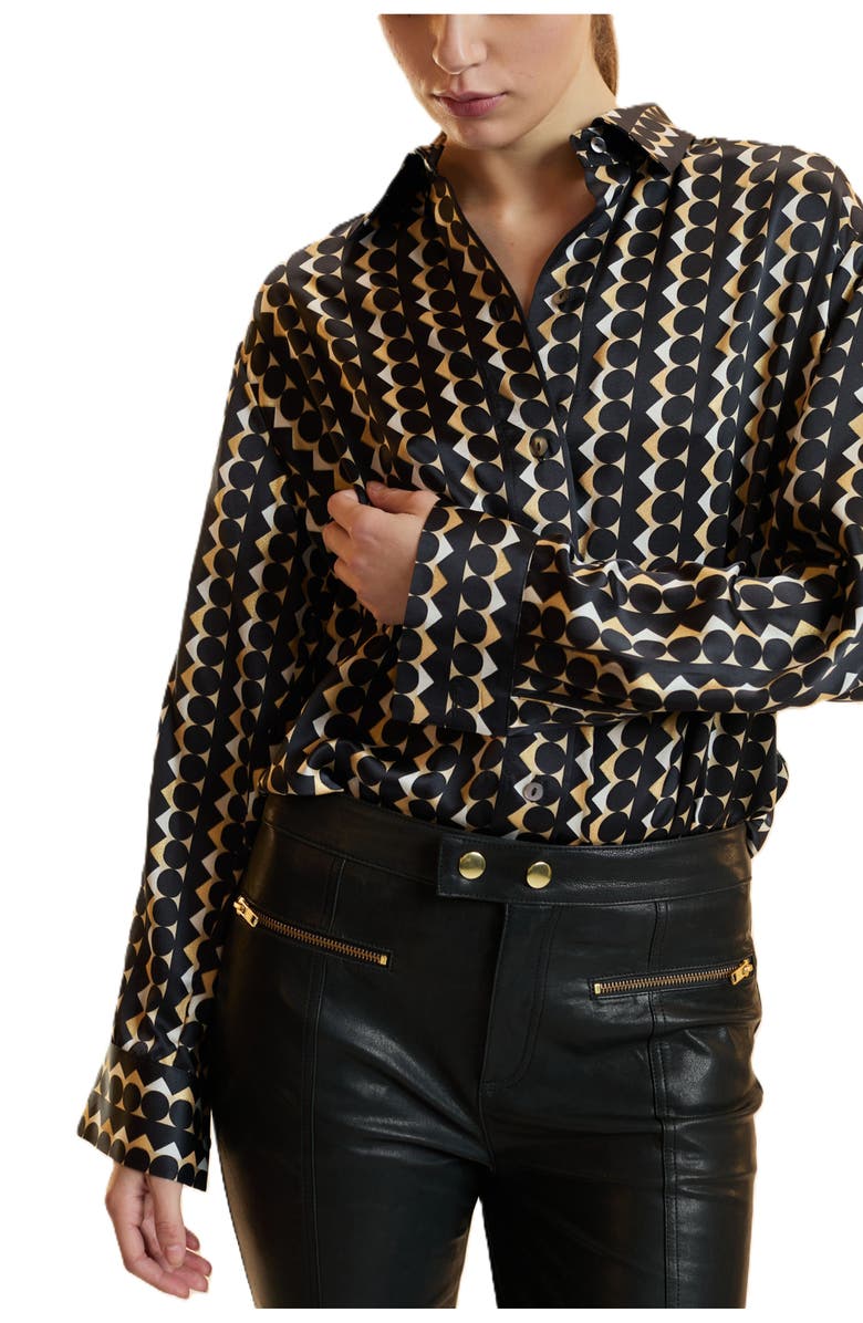 Cynthia Rowley Foil Silk Button Up Shirt, Alternate, color, Geo Black/Camel Combo