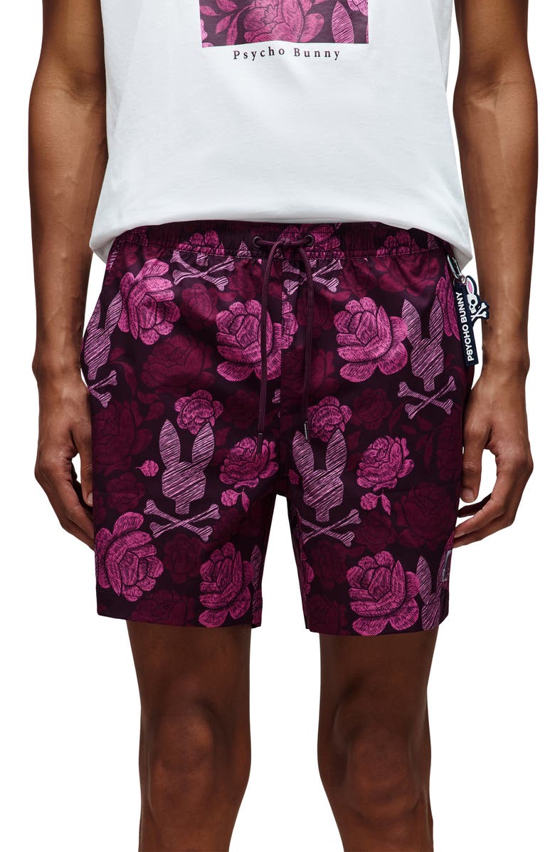 Psycho Bunny Rowen Print Swim Trunks, Main, color, Boysenberry