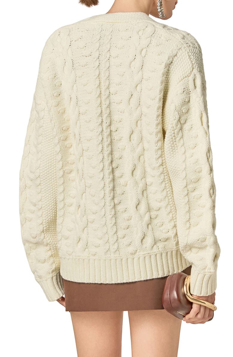 English Factory V-Neck Cable Cardigan with Floral Buttons, Alternate, color, Off White