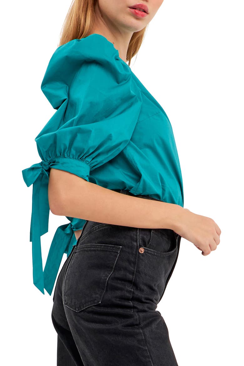 Bow Banded Puff Sleeve Blouse, Alternate, color, TEAL