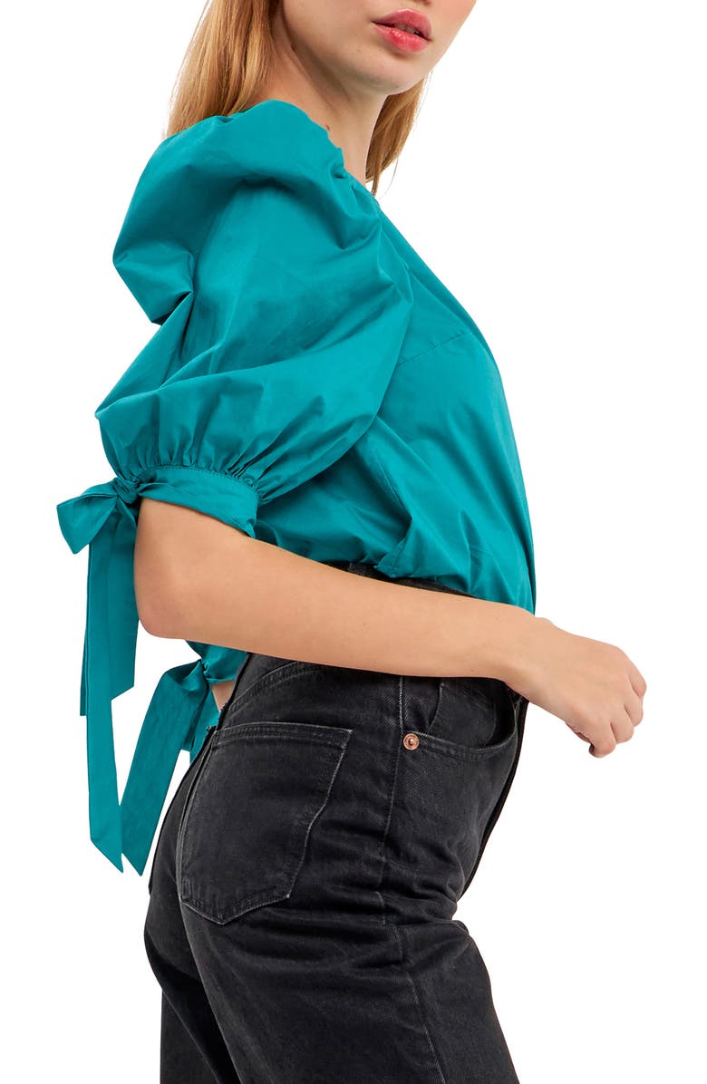 English Factory Bow Banded Puff Sleeve Blouse, Alternate, color, Teal