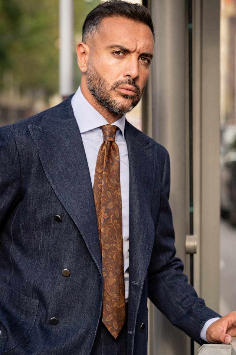 Borromeo - Extra Long Printed Silk Tie for Men, Alternate, color, Pecan Brown