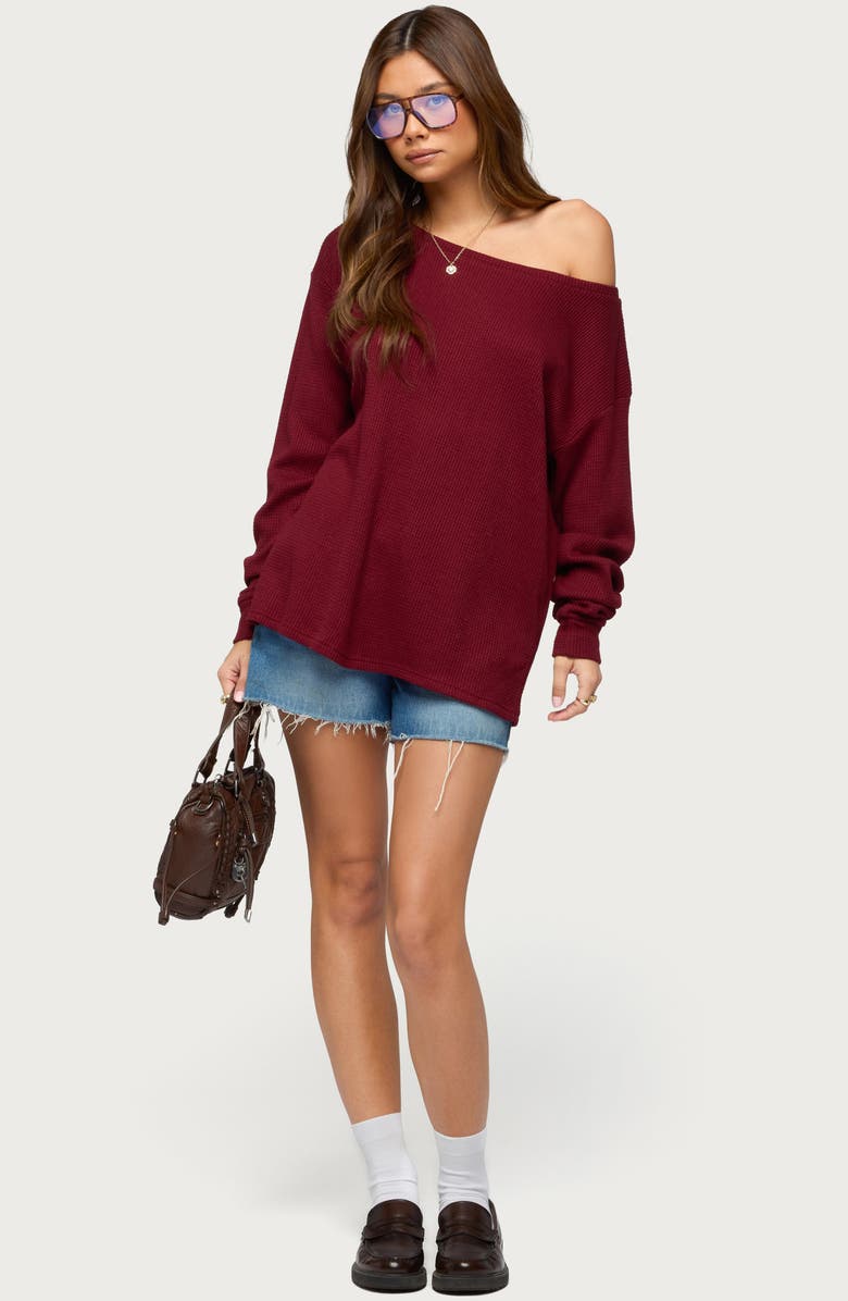 EDIKTED Damari Waffle Stitch One-Shoulder Knit Top, Alternate, color, Burgundy