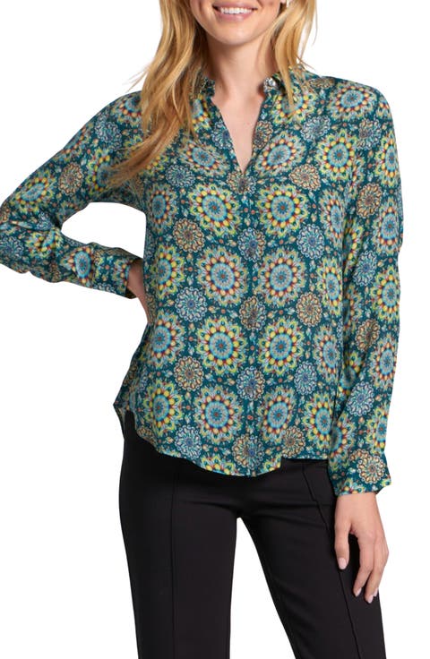 Abstract Print Roll Tab Sleeve Chiffon Button-Up Shirt