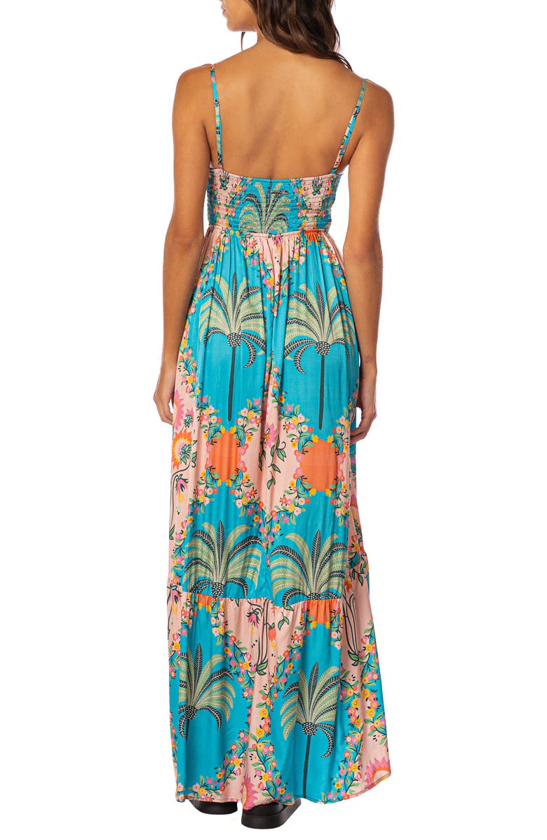 Maaji Isadora Arabian Palm Smocked Cover-Up Maxi Dress, Alternate, color, Aquamarine
