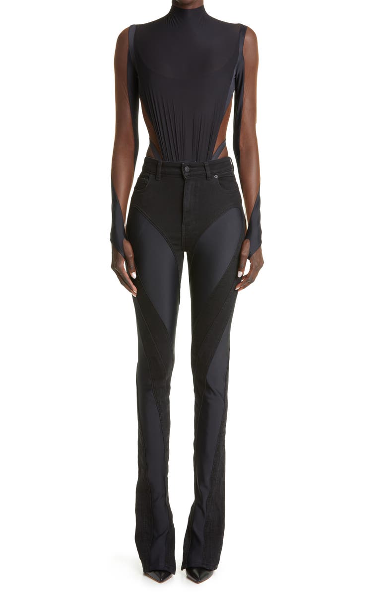 MUGLER Spiral High Waist Denim & Tech Jersey Skinny Jeans, Alternate, color, 