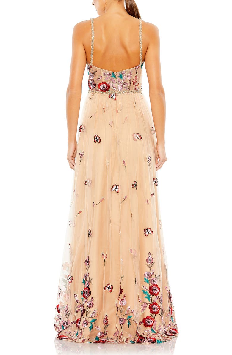 Mac Duggal Bead And Gemstone Encrusted Floral Detail A Line Gown, Alternate, color, Nude Multi