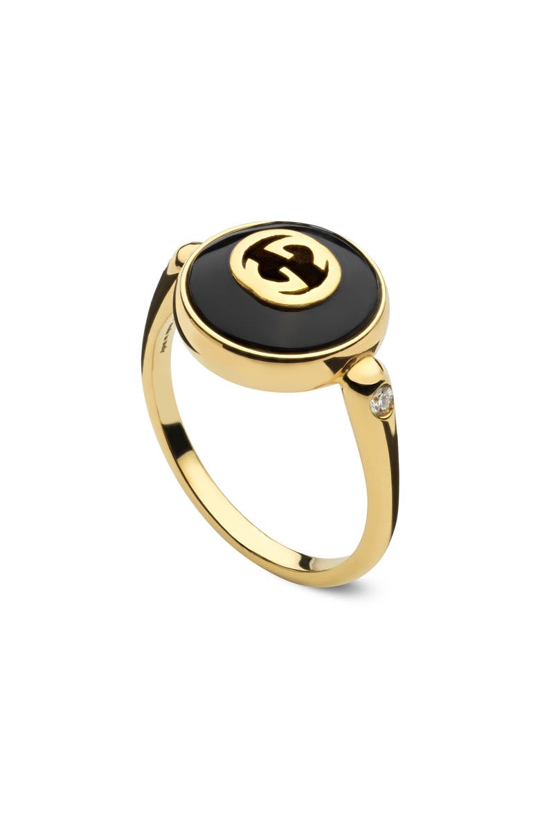Gucci Interlocking-G Black Onyx & Diamond Ring, Alternate, color, Yellow Gold