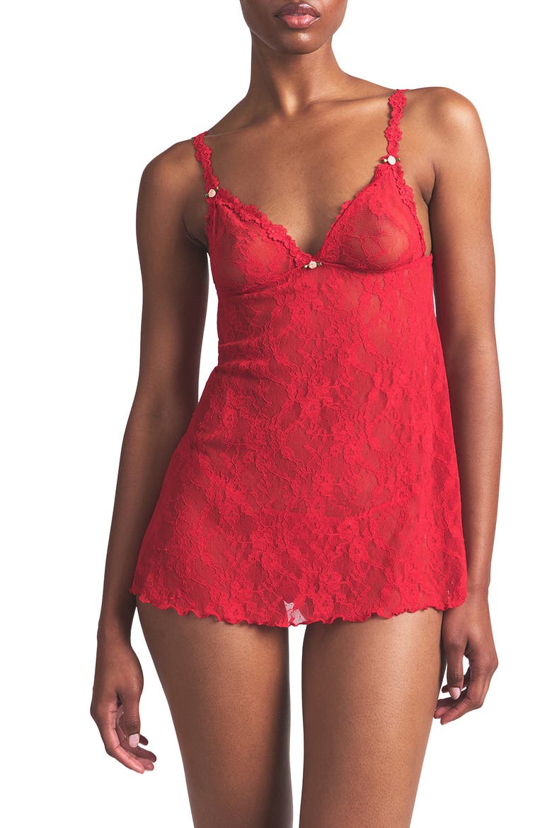 Stretch Lace Chemise & G-String Set, Main, color, RED