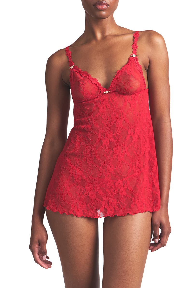 SKIMS Stretch Lace Chemise & G-String Set, Main, color, Red