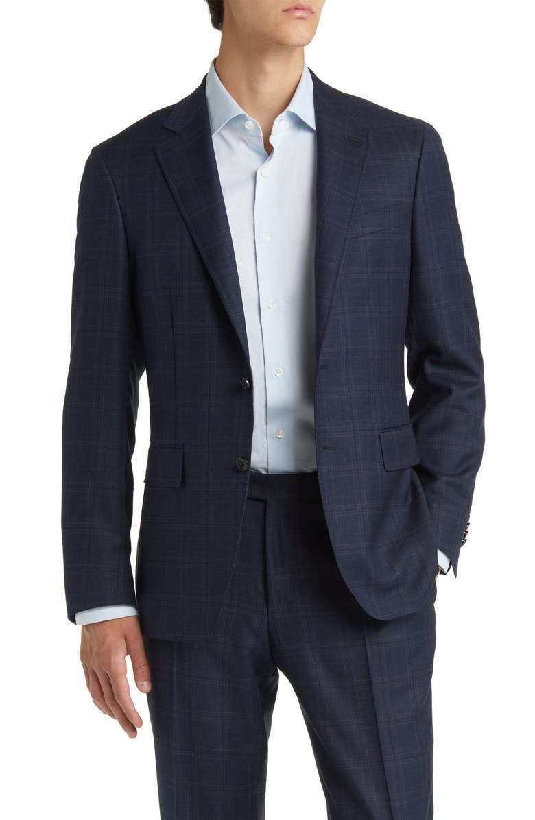 Canali Kei Trim Fit Dark Blue Plaid Wool Suit, Alternate, color,