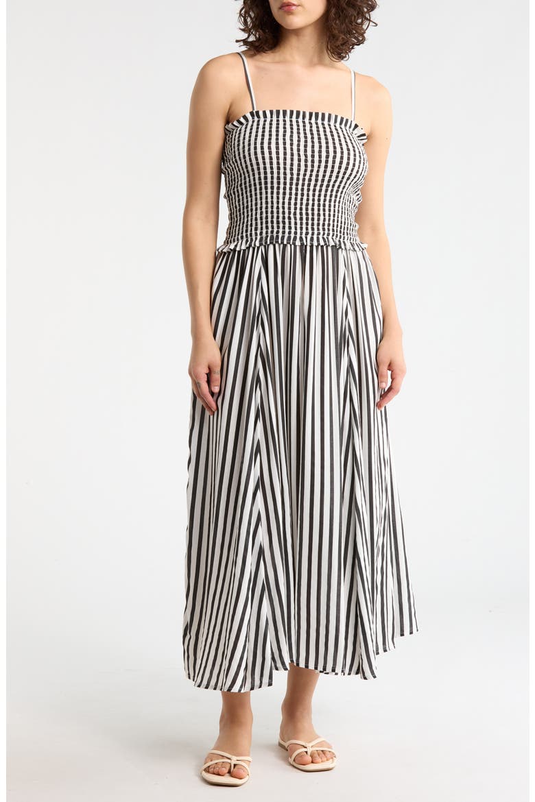Stripe Smocked Cover-Up Midi Dress, Main, color, BLACK