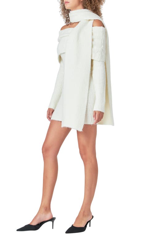 Endless Rose Off The Shoulder Long Sleeve Cable Stitch Sweater Dress With Tie In Ivory