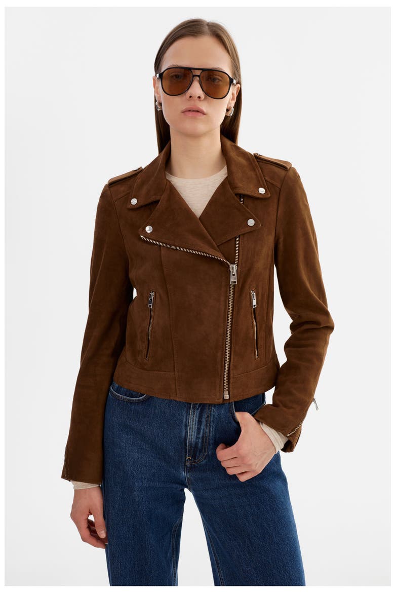 Donna S | Suede Biker Jacket, Alternate, color, Brown