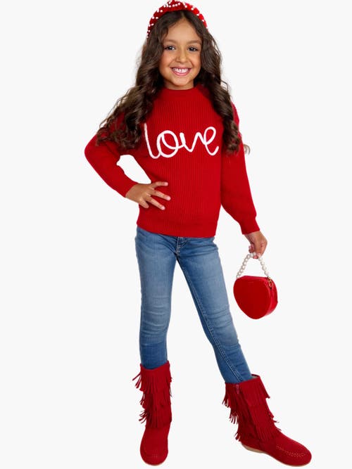 Mia Belle Girls Love At First Sight Embroidered Chunky Knit Sweater In Red