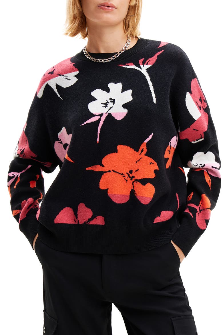 Oversize Floral Pullover, Main, color, BLACK