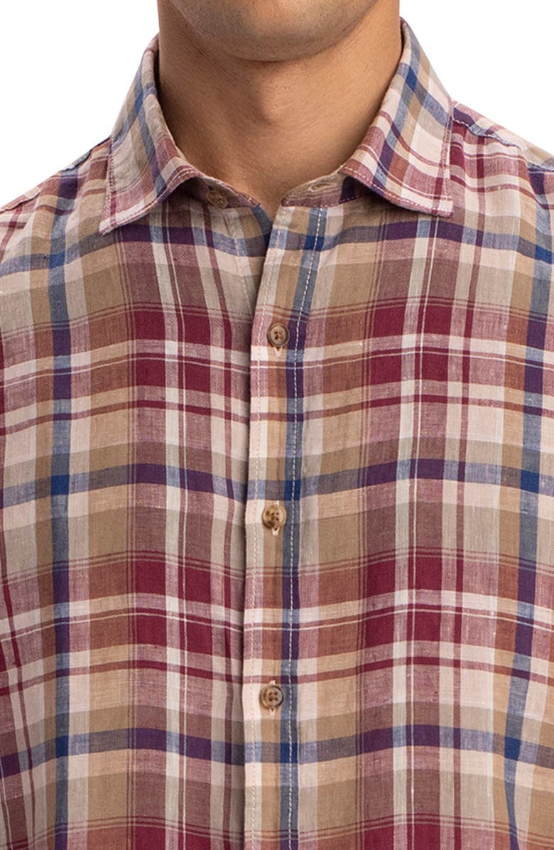 Bugatchi Shaped Fit Plaid Linen Button-Up Shirt, Alternate, color, 