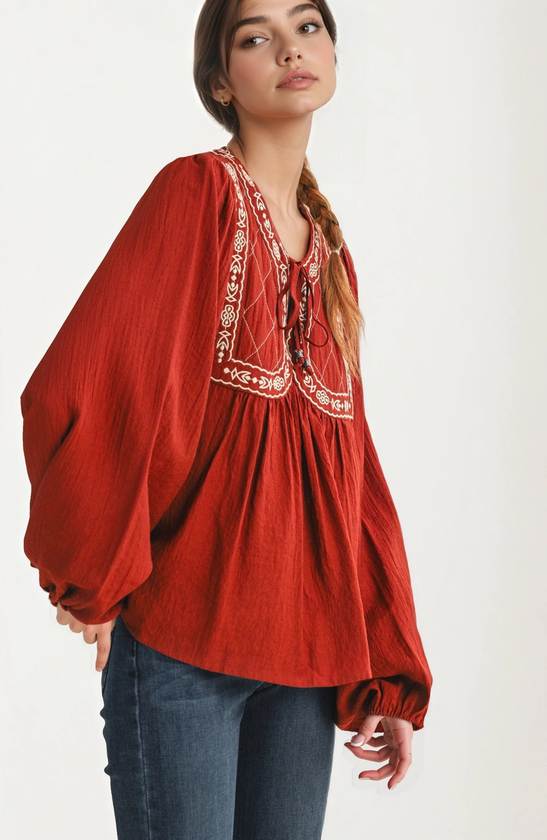Knit and Lounge Embroidered Yoke Tie Neckline Flowy Long Sleeve Blouse, Alternate, color, 